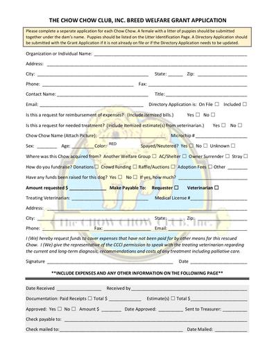 CCCI Breed Welfare Grant Application Fillable Form