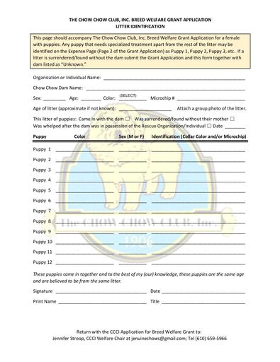CCCI Breed Welfare Litter Identification Fillable Form