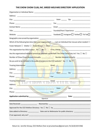 CCCI Breed Welfare Directory Application Fillable Form